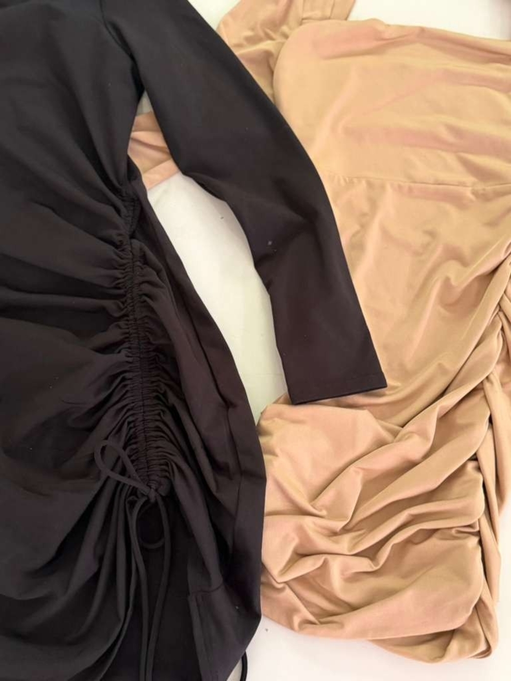 Black and Nude Ruched Long-Sleeve Dresses